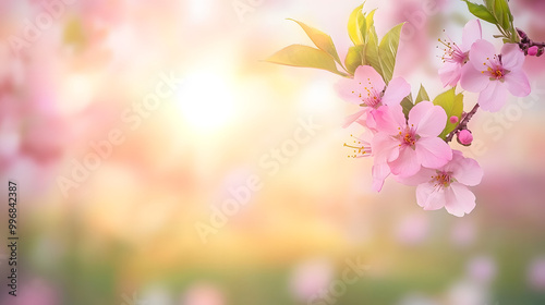 Pink cherry tree blossom flowers blooming in spring Easter sunrise for a Mothers Day background.