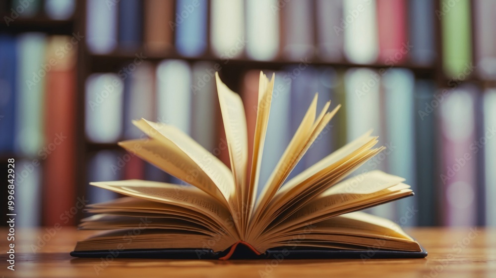 Open book with blurred library background Open book with blurred library background