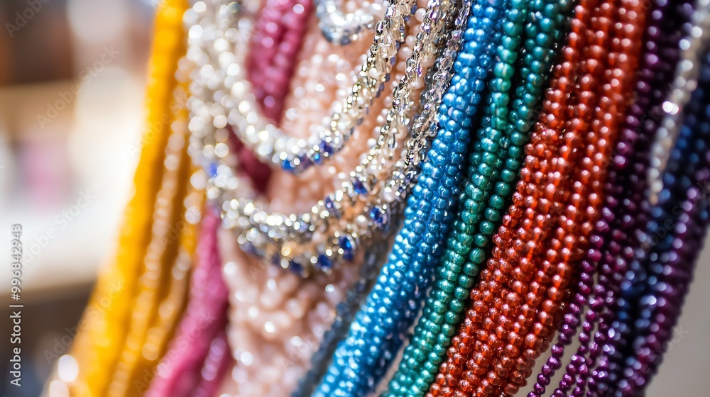 Colorful strands of beads create a vibrant display, showcasing an array of textures and hues for creative projects. Colorful strands of beads create a vibrant display, showcasing an array of textures and hues for creative projects.