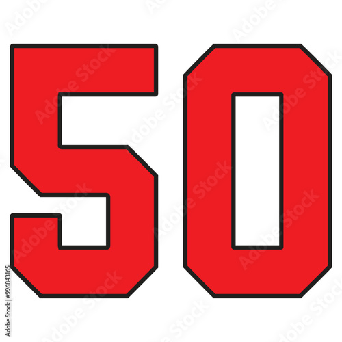 50 Classic Vintage Sport Jersey / Uniform numbers in black with a black outside contour line number on white background for American football, Baseball and Basketball