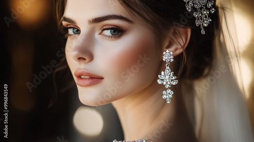 Elegant bride with stunning jewelry and intricate hairstyle, radiating beauty and grace for a perfect wedding moment.