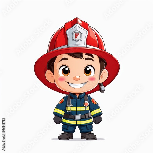 A cheerful cartoon firefighter in uniform with a red helmet, promoting fire safety and heroism.