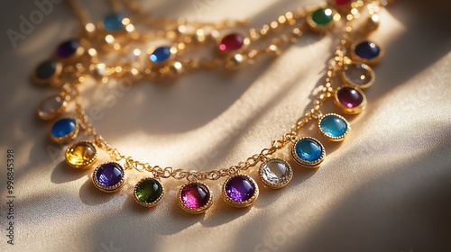 Elegant gold necklace with colorful gemstones, capturing light beautifully, perfect for showcasing luxury and style.