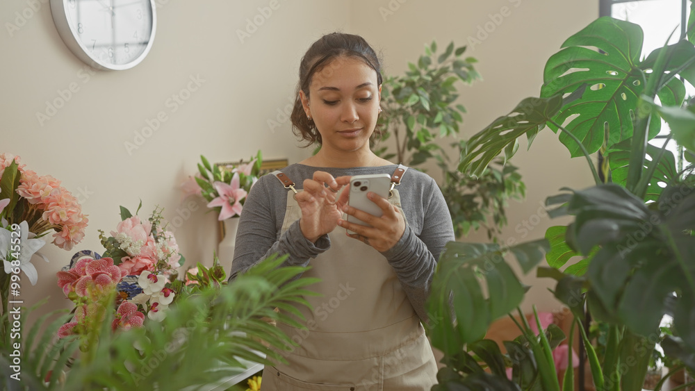 A young woman uses a smartphone amid vibrant flowers inside a florist's shop, representing modern entrepreneurship. A young woman uses a smartphone amid vibrant flowers inside a florist's shop, representing modern entrepreneurship.