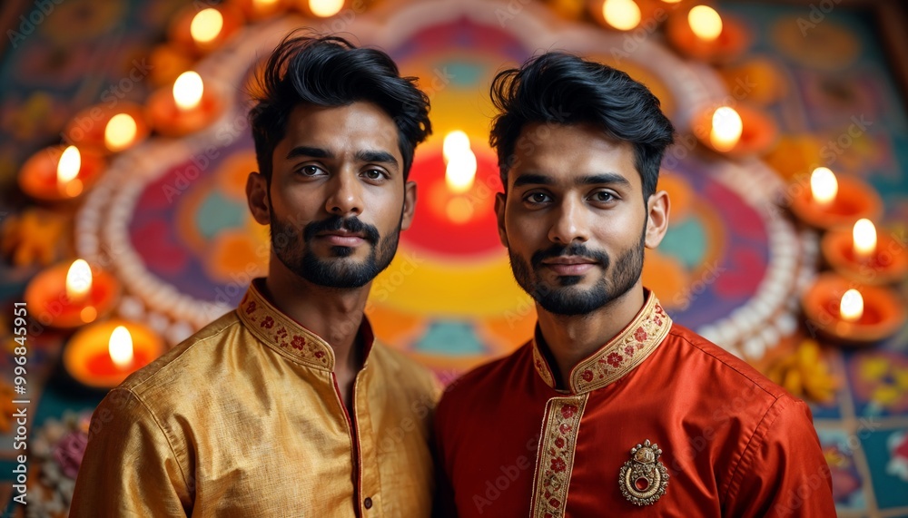 Obraz premium Two Indian Men Joyfully Celebrating Diwali Surrounded by Lit Diyas Indoors
