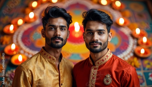 Two Indian Men Joyfully Celebrating Diwali Surrounded by Lit Diyas Indoors