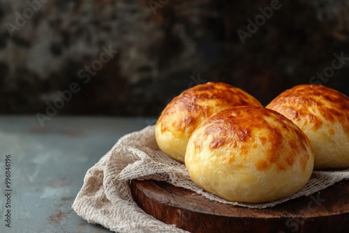 pan de queijo o pan de queso traditional brazilian baked cheese bread buns dish minimal background with copy space, cultural food from Brasil photo