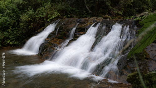 This small waterfall gently flows over rocks in a lush forest setting, surrounded by vibrant green foliage. The smooth, flowing water creates a calming and peaceful atmosphere in nature.
