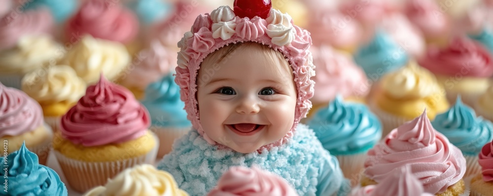 Fototapeta premium Happy baby girl wearing a cupcake hat surrounded by cupcakes.
