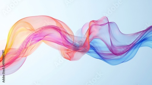 Abstract ribbons in pink, blue, and orange swirl and flow smoothly on a light blue background, creating dynamic motion. No people.
