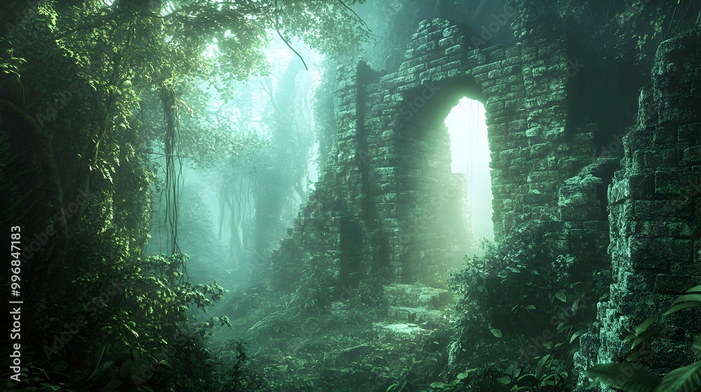 Mysterious hidden alcove nestled in a lush verdant forest with ethereal lighting ancient stone ruins shrouded in a veil of mist creating an otherworldly and enchanted atmosphere Mysterious hidden alcove nestled in a lush verdant forest with ethereal lighting ancient stone ruins shrouded in a veil of mist creating an otherworldly and enchanted atmosphere