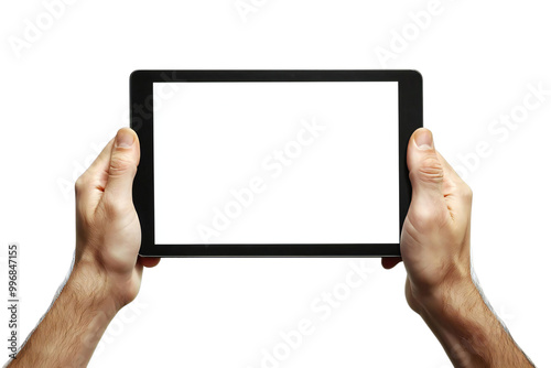 Digital Tablet Mockup with Blank Screen Held by Hands, Isolated on White Background, Perfect for Tech Designs, App Displays, and Digital Device Templates