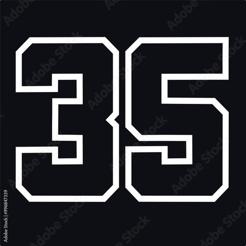 35 Classic Vintage Sport Jersey / Uniform numbers in black with a black outside contour line number on white background for American football, Baseball and Basketball or soccer for shirt