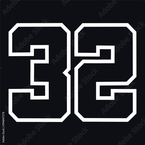 32 Classic Vintage Sport Jersey / Uniform numbers in black with a black outside contour line number on white background for American football, Baseball and Basketball or soccer for shirt