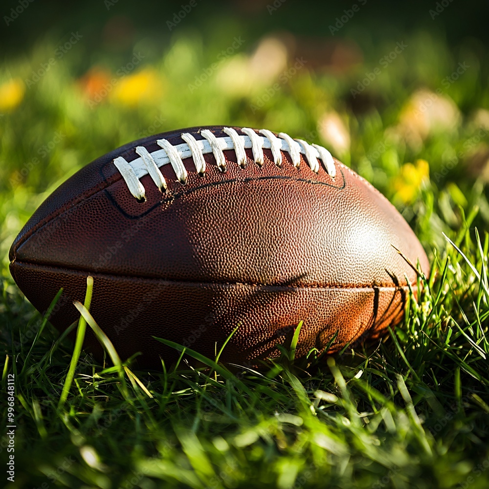 Obraz premium Tranquil Moment: Football resting in lush green grass, symbolizing serenity before the intense game kickoff