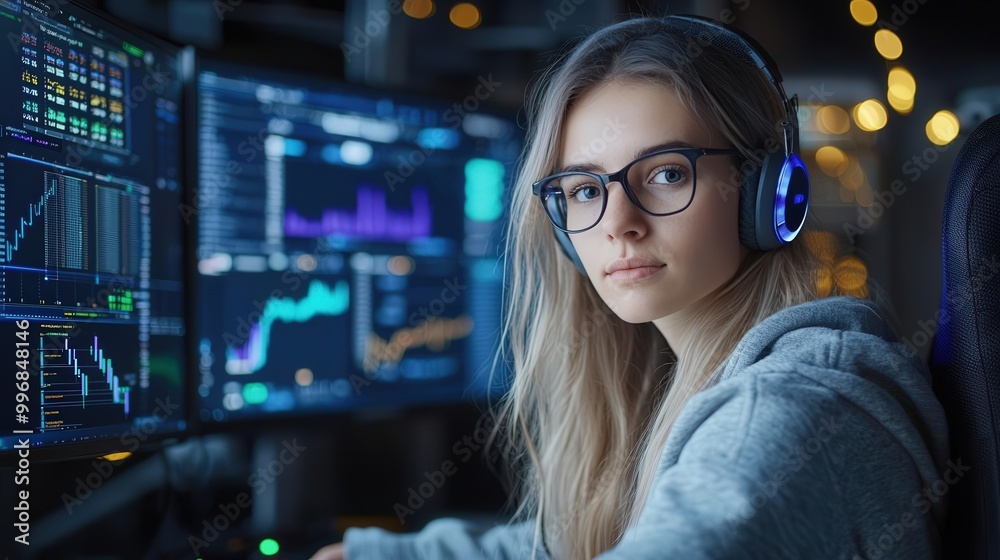 Young woman in glasses and headphones looking at the camera while working on a computer. Young woman in glasses and headphones looking at the camera while working on a computer.