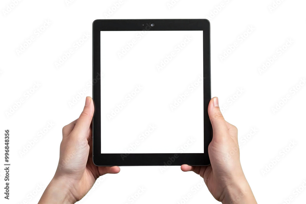 Digital Tablet Mockup with Blank Screen Held by Hands, Isolated on White Background, Perfect for Tech Designs, App Displays, and Digital Device Templates Digital Tablet Mockup with Blank Screen Held by Hands, Isolated on White Background, Perfect for Tech Designs, App Displays, and Digital Device Templates
