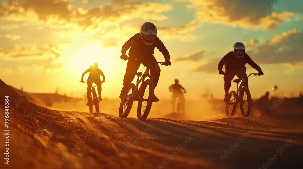 Silhouettes of four mountain bikers racing at sunset. Silhouettes of four mountain bikers racing at sunset.