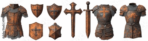 set of Rusty Armor Knights Templar Cross Equestrian Order th Century Military Heritage Medieval Costume on white background