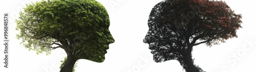 set of Tree growing two heads on white background