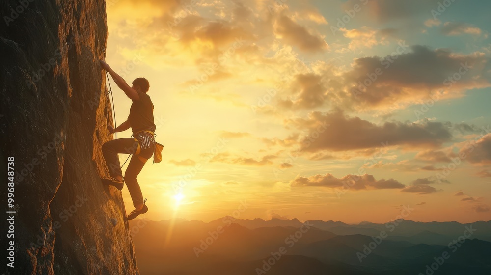 Silhouette of a rock climber ascending a steep cliff at sunset. Silhouette of a rock climber ascending a steep cliff at sunset.
