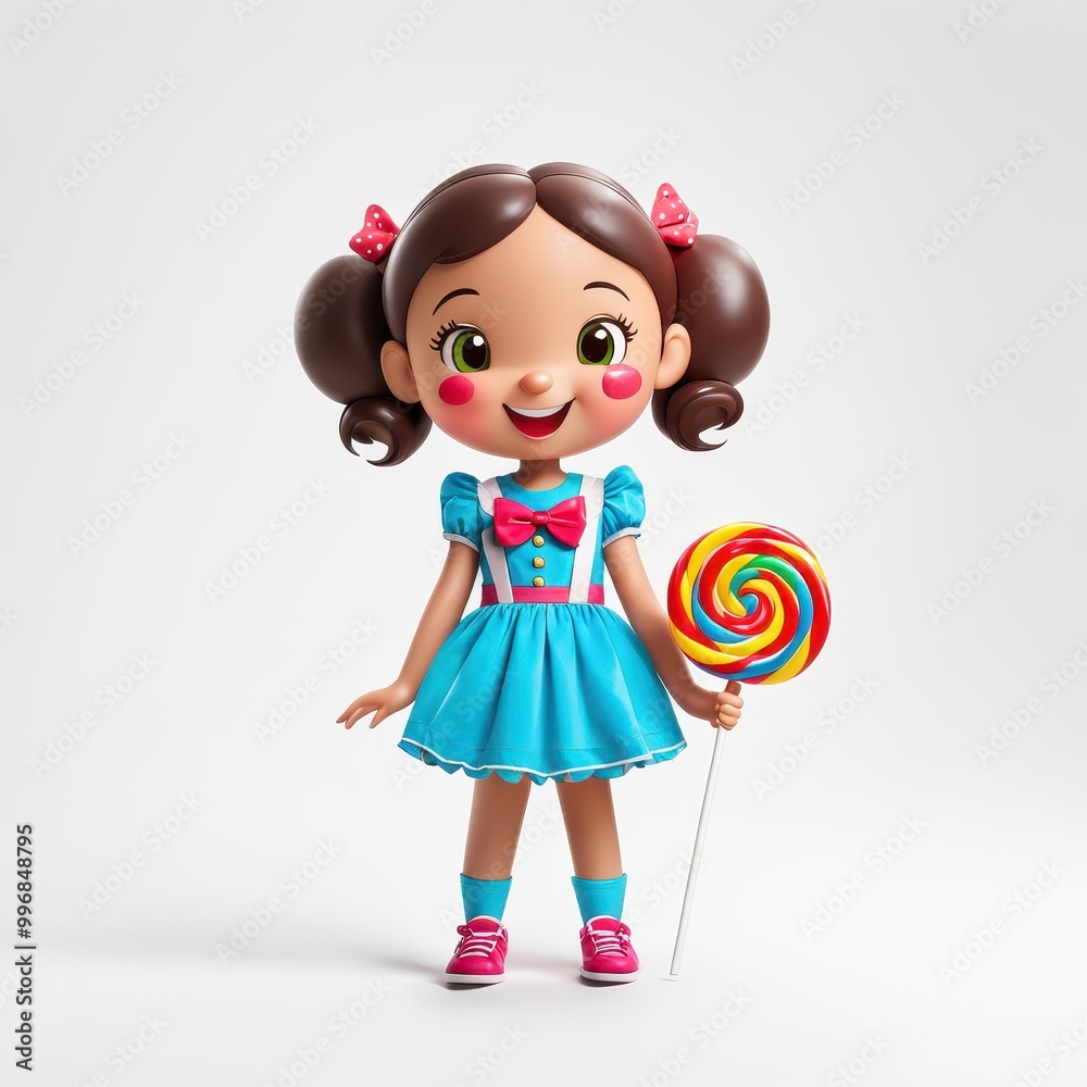 A cheerful cartoon girl in a blue dress holding a colorful lollipop. A cheerful cartoon girl in a blue dress holding a colorful lollipop.