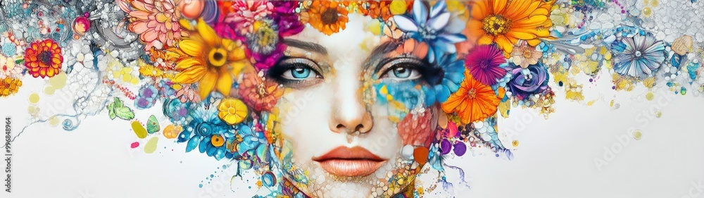 set of Whimsical Art A FlowerFused Face with Intricate Detail on a white background set of Whimsical Art A FlowerFused Face with Intricate Detail on a white background