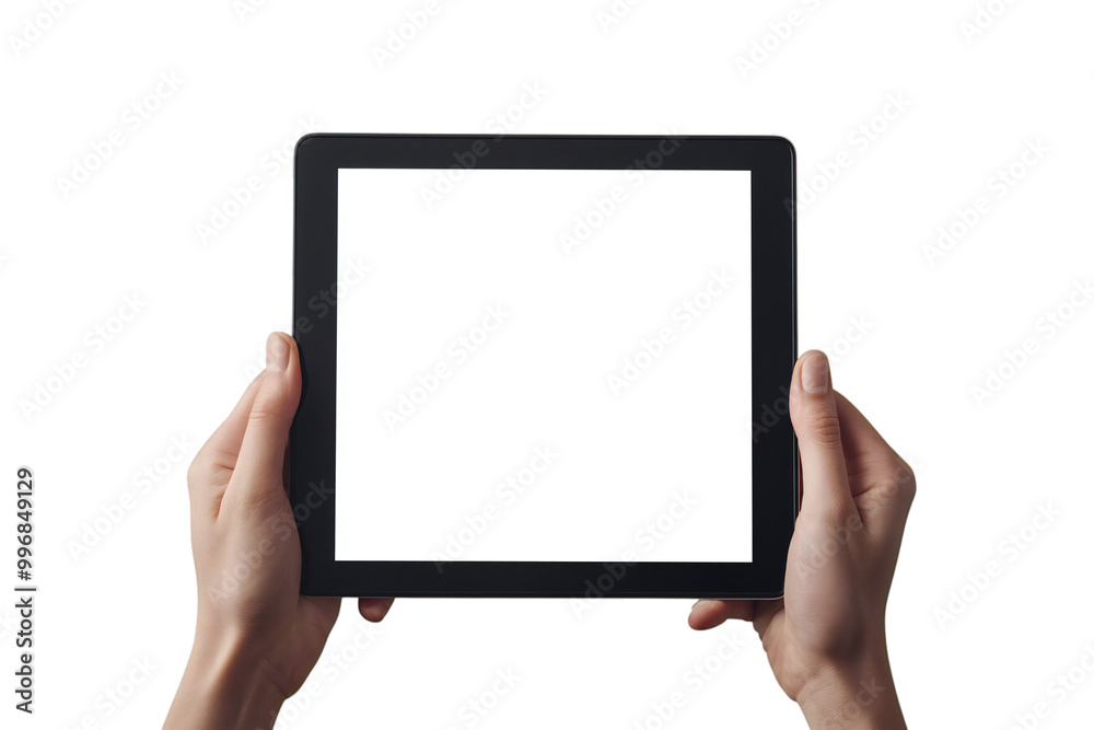 Digital Tablet Mockup with Blank Screen Held by Hands, Isolated on White Background, Perfect for Tech Designs, App Displays, and Digital Device Templates Digital Tablet Mockup with Blank Screen Held by Hands, Isolated on White Background, Perfect for Tech Designs, App Displays, and Digital Device Templates