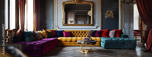 Luxurious and sophisticated living area featuring a plush velvet sectional an ornate gold framed mirror and rich jewel toned textiles photo