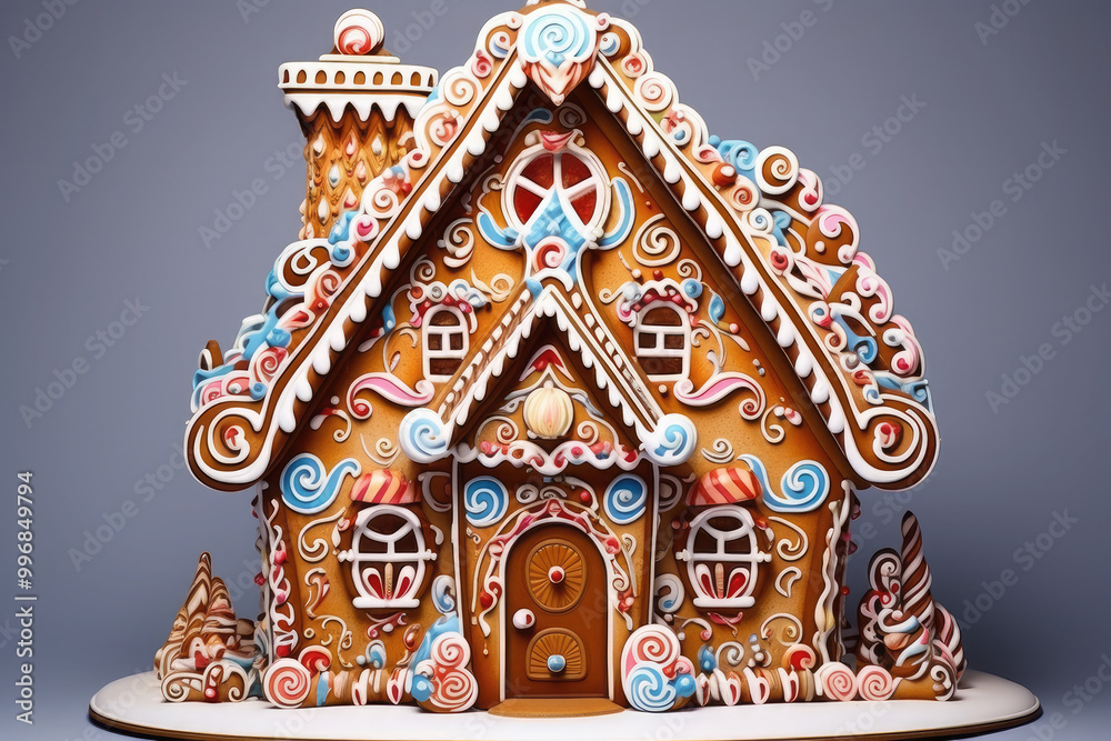 Colorful gingerbread house with sweet icing and candy on a white platform against a gray background, evoking warmth and cheer Colorful gingerbread house with sweet icing and candy on a white platform against a gray background, evoking warmth and cheer