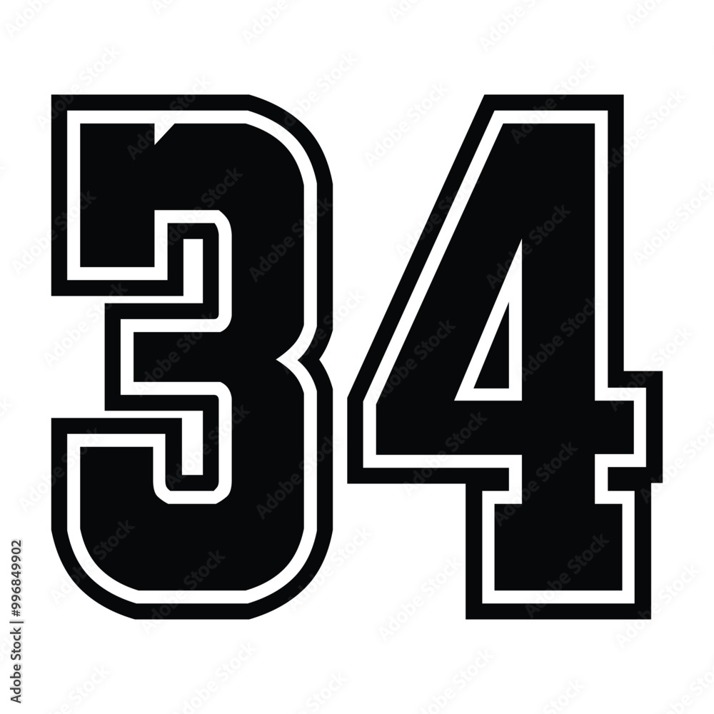 Fototapeta premium 34 Classic Vintage Sport Jersey / Uniform numbers in black with a black outside contour line number on white background for American football, Baseball and Basketball or soccer for shirt