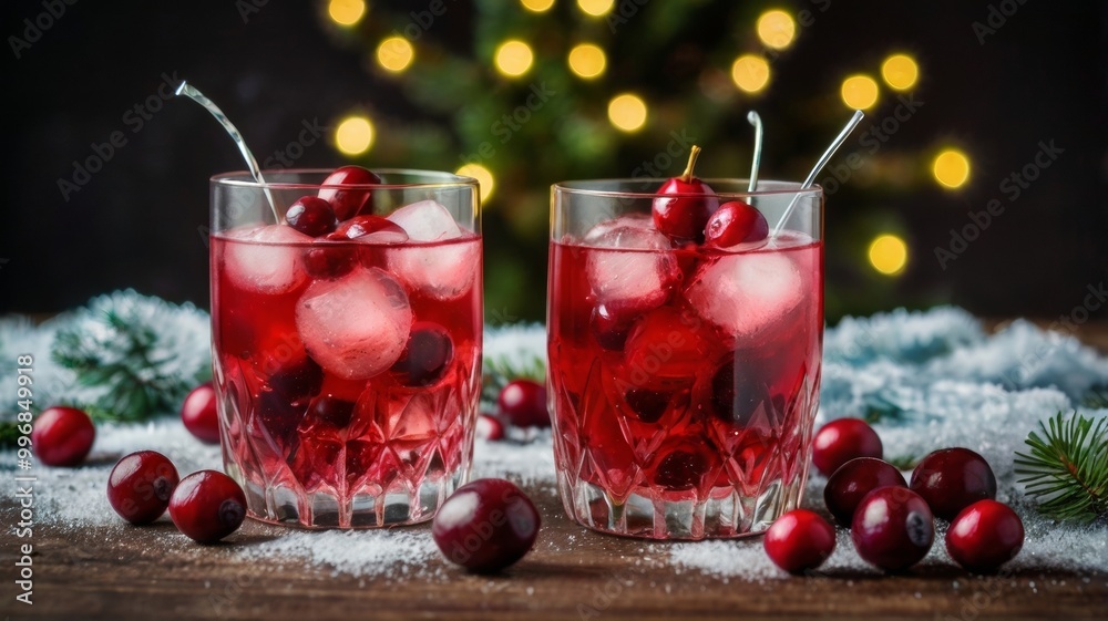 Cranberry cocktail celebrating christmas with festive lights in the background
