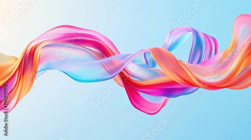 Colorful ribbons in pink, blue, and orange tones swirl dynamically on a light blue background, forming an abstract motion. No people.