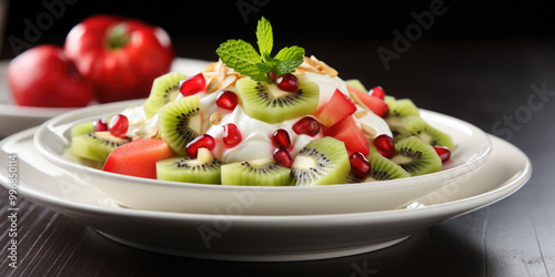 Fruit salad decorated with kiwi, strawberries and garnished with lime leaf on white background.