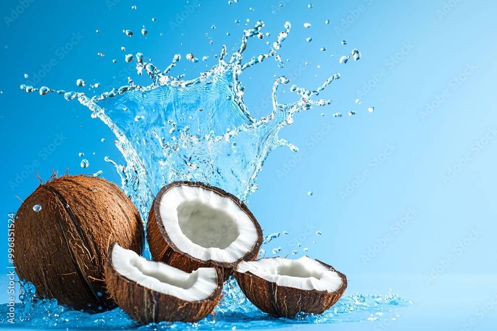 Coconuts splashing water create refreshing scene of natures beauty Coconuts splashing water create refreshing scene of natures beauty