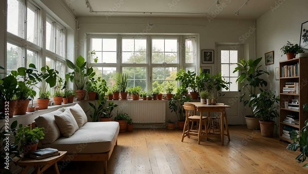 Bright, airy studio filled with green plants and natural light. Bright, airy studio filled with green plants and natural light.