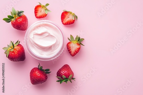 Natural organic cosmetic with strawberry skicare cream isolated on pink background. Top view. Flat lay - generative ai