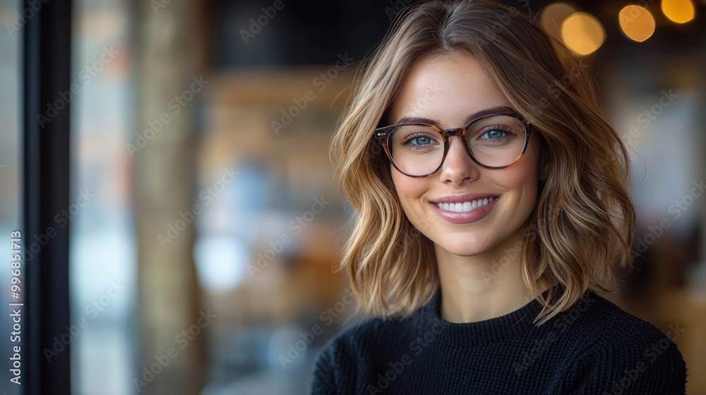 Portrait of a smiling woman with glasses looking at the camera. Portrait of a smiling woman with glasses looking at the camera.