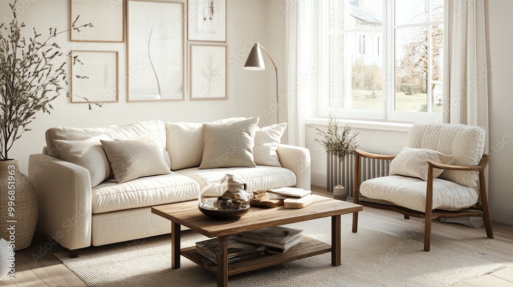 Fototapeta premium A suitable name for the image could be Modern Living Room with Sofa and Stylish Interior Design