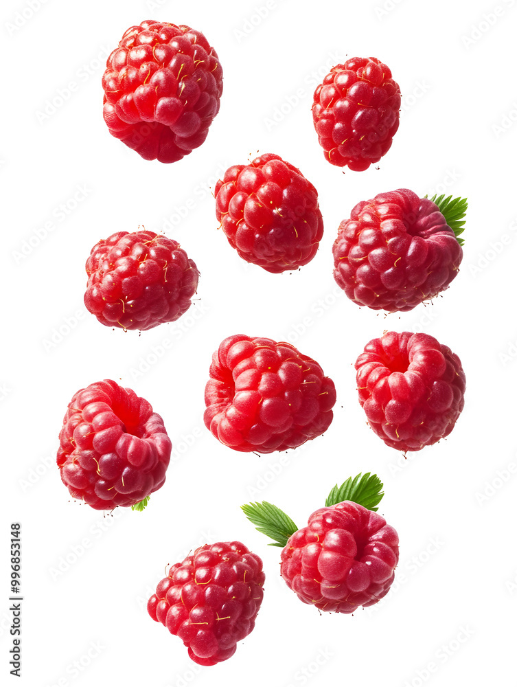 Isolated flying berries. Falling raspberry fruits isolated on white background with clipping path, generative ai Isolated flying berries. Falling raspberry fruits isolated on white background with clipping path, generative ai