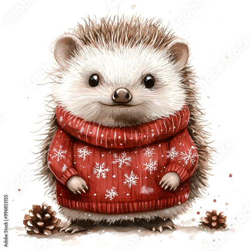 Hedgehog in a Red Sweater:  A cute and cuddly hedgehog wearing a festive red sweater with snowflakes, surrounded by pine cones.  The illustration captures the warmth and joy of the holiday season.  photo