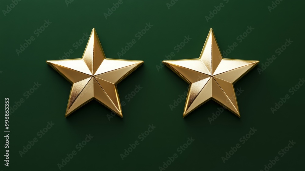 The image showcases two shiny golden stars placed symmetrically on a deep green backdrop, emphasizing their reflective surfaces and detailed angles, creating an eye-catching visual contrast. The image showcases two shiny golden stars placed symmetrically on a deep green backdrop, emphasizing their reflective surfaces and detailed angles, creating an eye-catching visual contrast.