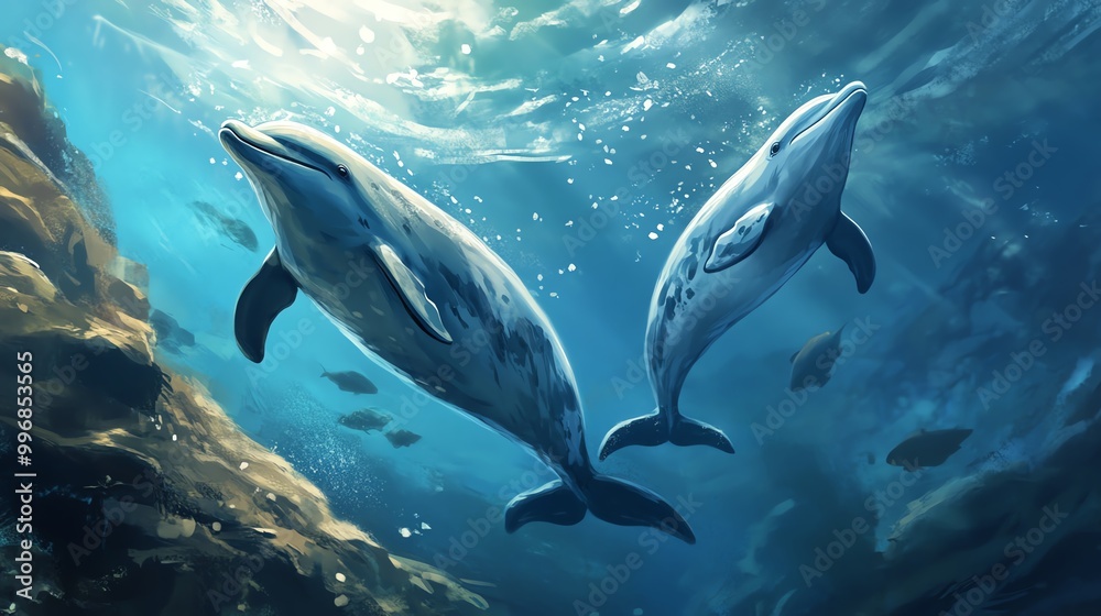 Fototapeta premium Two dolphins gracefully swim through clear blue waters, showcasing their agility and playful nature in a vibrant ocean environment.