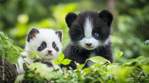 Two adorable panda cubs peek through lush green foliage, showcasing their playful and curious nature in a vibrant natural setting.