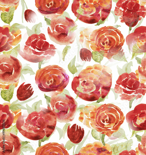 vector background with red rose, watercolour flowera print, seamlesss design. photo