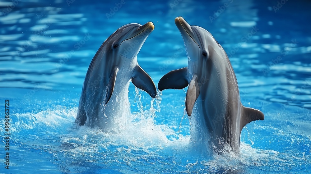 Naklejka premium Two playful dolphins leap joyfully in clear blue water, showcasing their grace and intelligence in a vibrant aquatic setting.