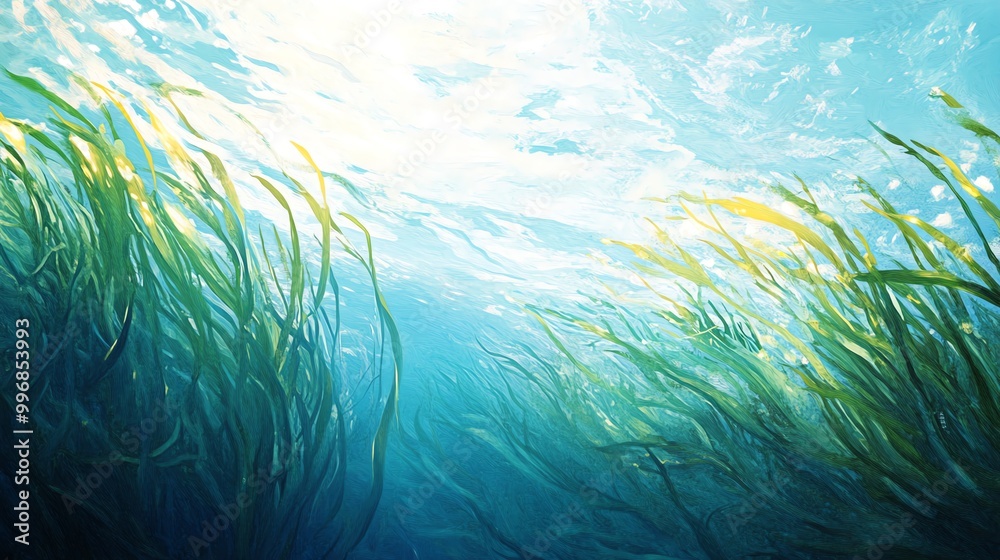 Fototapeta premium Underwater scene showcasing vibrant aquatic plants swaying gently in clear blue water, illuminated by sunlight filtering through.