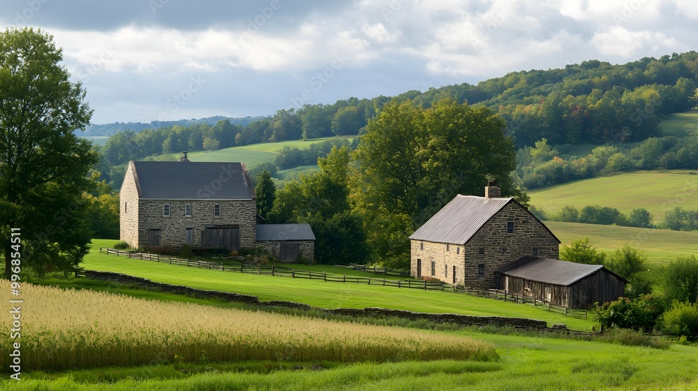 Obraz premium Picturesque countryside landscape with traditional stone farmhouses barns and rolling hills in the autumn season Charming rural setting with natural rustic and heritage elements