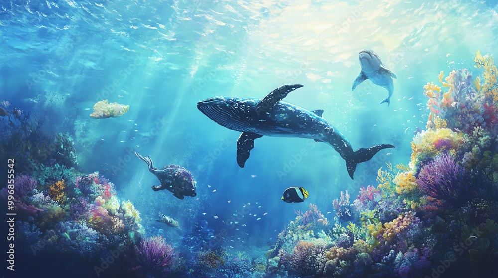 Fototapeta premium Vibrant underwater scene showcasing diverse marine life swimming amongst colorful coral formations.
