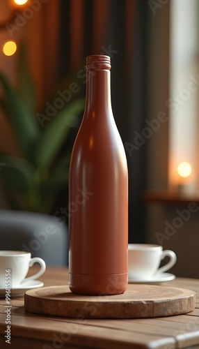 A minimalist brown bottle on a wooden surface, perfect for showcasing beverages or product packaging in a cozy, modern setting.